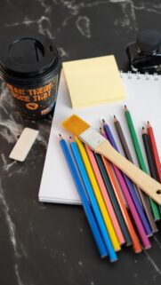 Creative Art Supplies and Coffee on Marble Desk HD Wallpaper