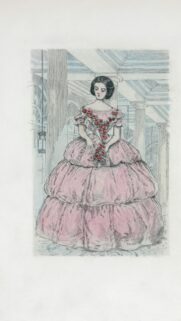 Victorian Era Elegant Lady in Pink Rose Gown Illustration Wallpaper