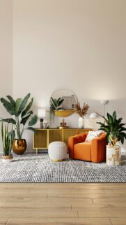 Modern Mid-Century Interior with Orange Armchair Phone Wallpaper