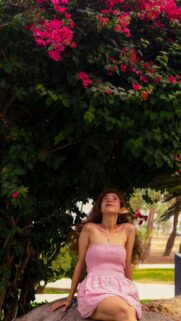 Fantasy Elf Girl Sitting Under Pink Bougainvillea Flowers Phone Wallpaper
