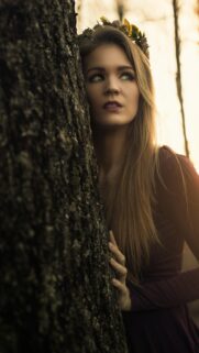 Mystical Forest Woman with Flower Crown Mobile HD Wallpaper
