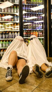 Funny Ghost Friends Sitting in a Convenience Store Aesthetic Wallpaper