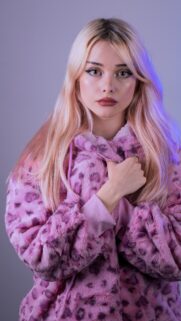 Beautiful Blonde Girl in Pink Leopard Fur Hoodie Mobile Wallpaper