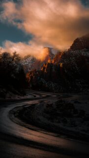 Dramatic Zion National Park Winter Mountain Road Sunset Wallpaper