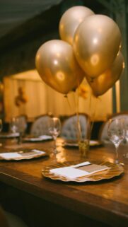 Elegant Gold Balloons Event Table Setting Mobile Wallpaper