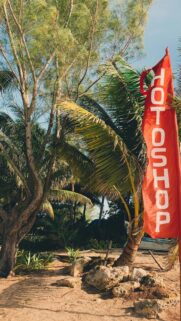 Tropical Beach Palms with Red Flag Summer Vibes Mobile Wallpaper