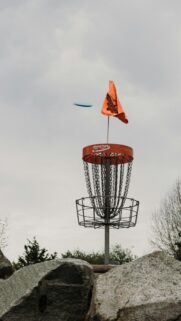 Disc Golf Basket Action Shot with Flying Disc Phone Wallpaper