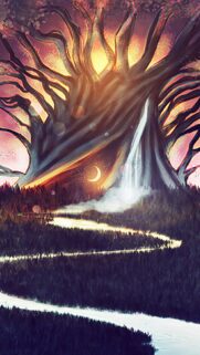 Mystical Cosmic Tree and Crescent Moon Spiritual Energy Aesthetic Wallpaper