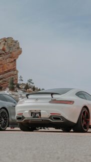 White Mercedes-Benz AMG GT Sports Car at Red Rocks Mountain Wallpaper