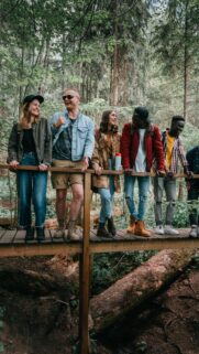 Group of Friends Hiking on a Forest Bridge Mobile Wallpaper