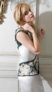 Stunning Emma Watson Portrait in Elegant Embroidered Dress High Resolution Wallpaper
