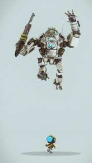 Epic Titanfall Mech vs Tiny Robot Combat Scene 4K Mobile Wallpaper