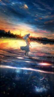 Anime Girl With Sunflower in Magical Sunset Lake Wallpaper 4K