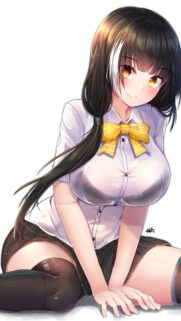 Anime Schoolgirl with Long Dark Hair and Golden Eyes Mobile Wallpaper