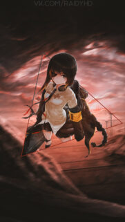Anime Girl with Eyepatch and Braided Hair in Red Post Apocalyptic Setting Wallpaper