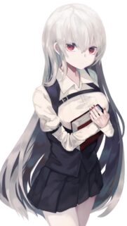 Beautiful Anime Girl with Long Silver Hair Holding a Book Wallpaper
