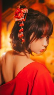 Stunning Asian Girl in Traditional Red Kimono Portrait Wallpaper