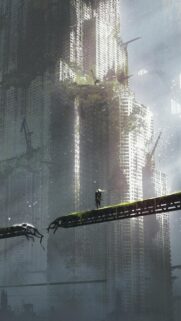 Post-Apocalyptic City Ruins Wallpaper with Lone Wanderer and Overgrown Skyscrapers