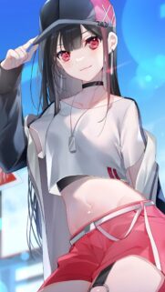 Cute Anime Girl with Red Eyes Wearing Streetwear Cap Wallpaper