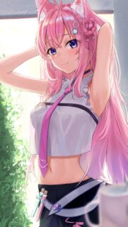 Anime Girl with Pink Hair and Cat Ears Aesthetic Wallpaper for Mobile