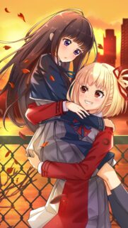 Lycoris Recoil Chisato and Takina Sunset Embrace Mobile Wallpaper