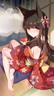 Beautiful Anime Fox Girl in Traditional Kimono Drinking Tea Wallpaper