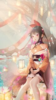 Anime Girl in Kimono Under Sakura Tree High Quality Mobile Wallpaper
