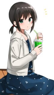 Cute Anime Girl Drinking Green Soda Mobile Wallpaper for Smartphone