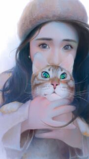 Beautiful Girl Holding a Cute Cat Digital Painting Portrait Wallpaper