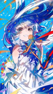 Vibrant Anime Girl with Rainbow Eyes and Flower 4K Mobile Wallpaper