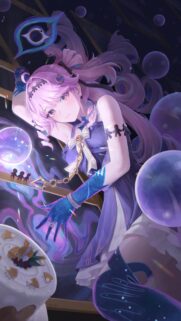 Stunning Anime Girl with Magic Bubbles and Cosmic Aura Mobile Wallpaper