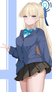 Anime Schoolgirl Blonde Hair Blue Cardigan Wallpaper for Mobile