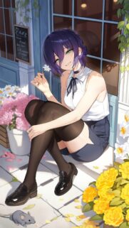 Anime Girl Sitting at Cafe Entrance with Flower Aesthetic Wallpaper