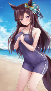 Cute Anime Girl in Swimsuit at Beach Wallpaper for Mobile Screens