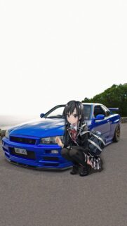 Anime Girl with Nissan Skyline GTR R34 Aesthetic Phone Wallpaper