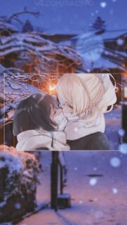 Romantic Anime Couple Kissing in Winter Snowfall Mobile Wallpaper