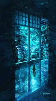 Anime Style Cat Looking Out Of A Blue Forest Window Aesthetic Wallpaper