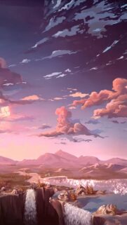 Stunning Anime Style Sunset Landscape with Sparkling River and Waterfall Mobile Wallpaper
