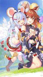 Cute Anime Girls with Animal Ears and Festive Balloons Wallpaper