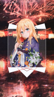 Anime Girl in Kimono with Fireworks Background High Quality Phone Wallpaper