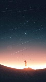 Anime Girl Under Night Sky with Shooting Stars Mobile Wallpaper