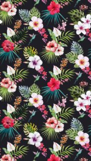 Tropical Floral Watercolor Pattern Wallpaper with Hummingbirds and Hibiscus