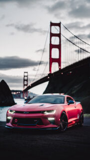 Stunning Pink Matte Chevrolet Camaro SS at Golden Gate Bridge Mobile Wallpaper