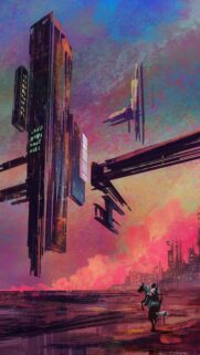 Stunning Sci-Fi Fantasy Landscape with Futuristic Floating Skyscrapers and Horse Rider Wallpaper