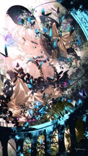 Anime Girl with Blue Butterflies Aesthetic Illustration High Resolution Wallpaper