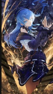 Stunning Blue Haired Anime Girl with Magical Golden Effects High Quality Wallpaper