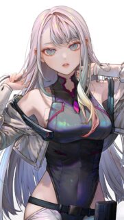 Stunning Anime Girl with Long Silver Hair and Cyberpunk Outfit Wallpaper