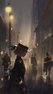 Anime Girl in Vintage Hat Walking Through Rainy City Street Aesthetic Wallpaper