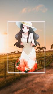 Anime Girl in Summer Dress Scenic Sunset Field Mobile Wallpaper