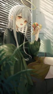 Anime Angel Eating Burger Aesthetic Wallpaper for Mobile Screen